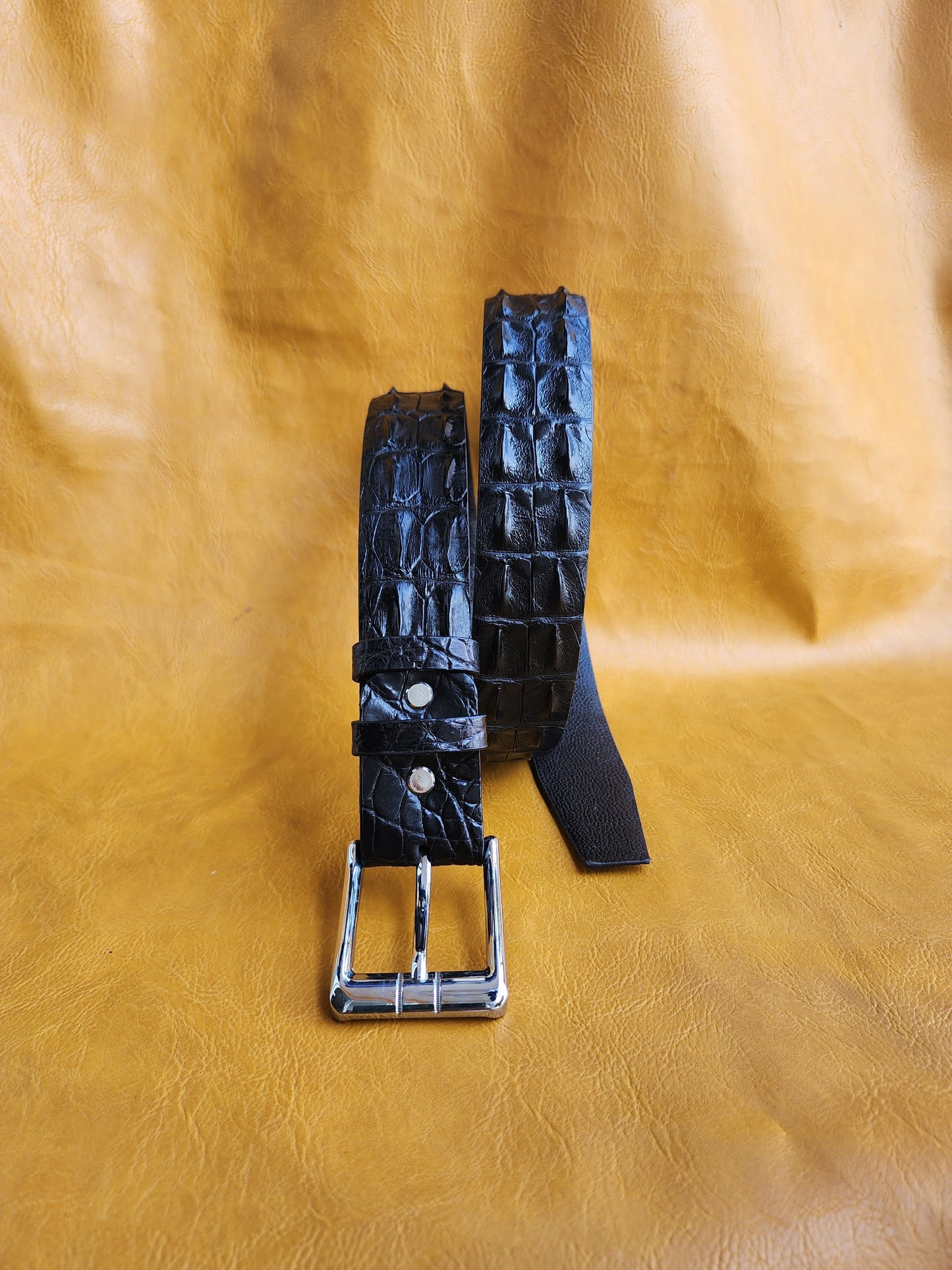 Black Handmade Geunine Hornback Crocodile Leather Skin Men Belt Buckle