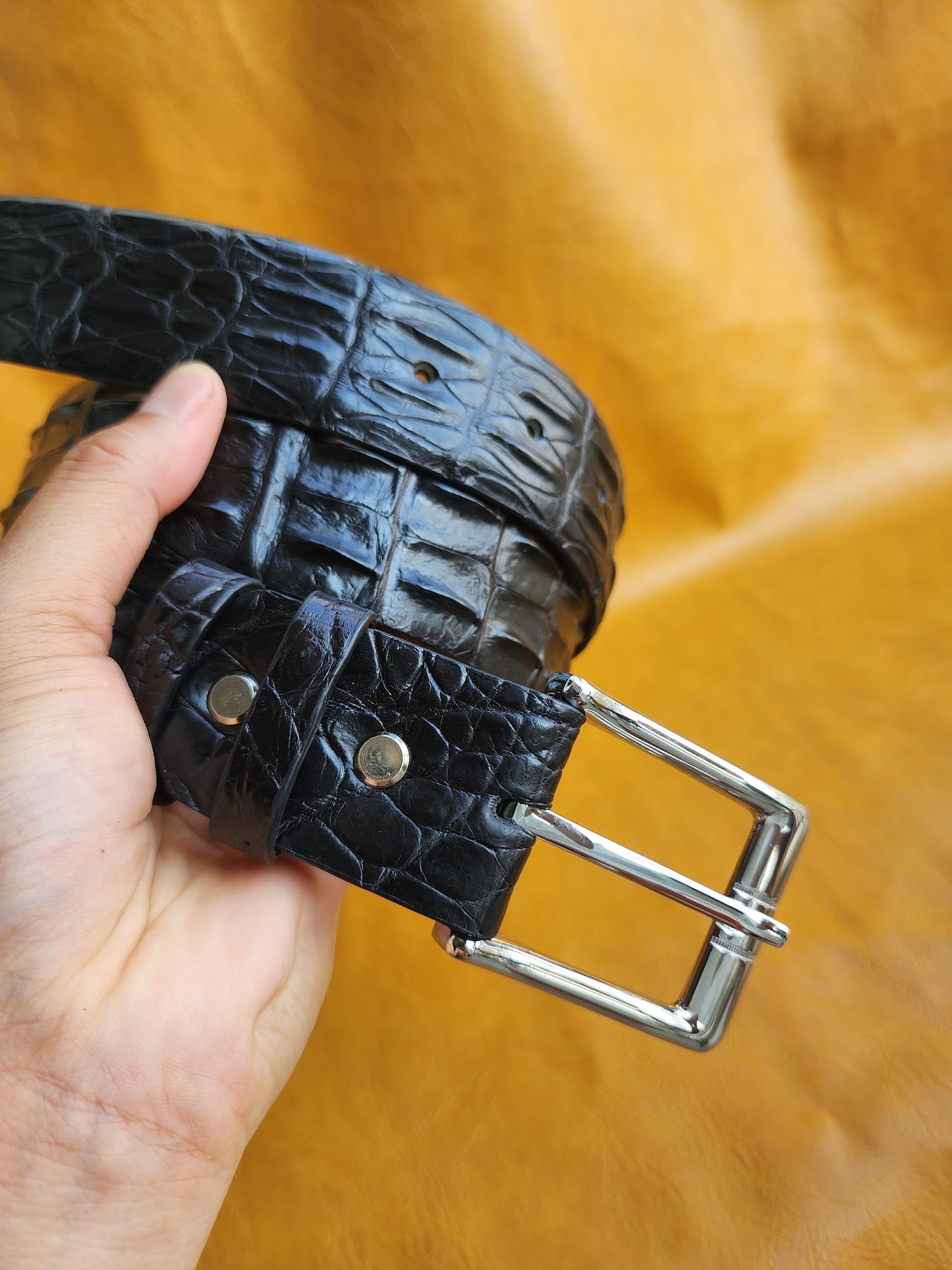 Black Handmade Geunine Hornback Crocodile Leather Skin Men Belt Buckle