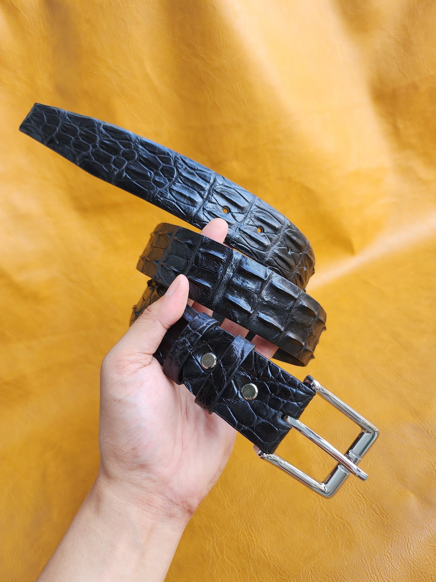 Black Handmade Geunine Hornback Crocodile Leather Skin Men Belt Buckle