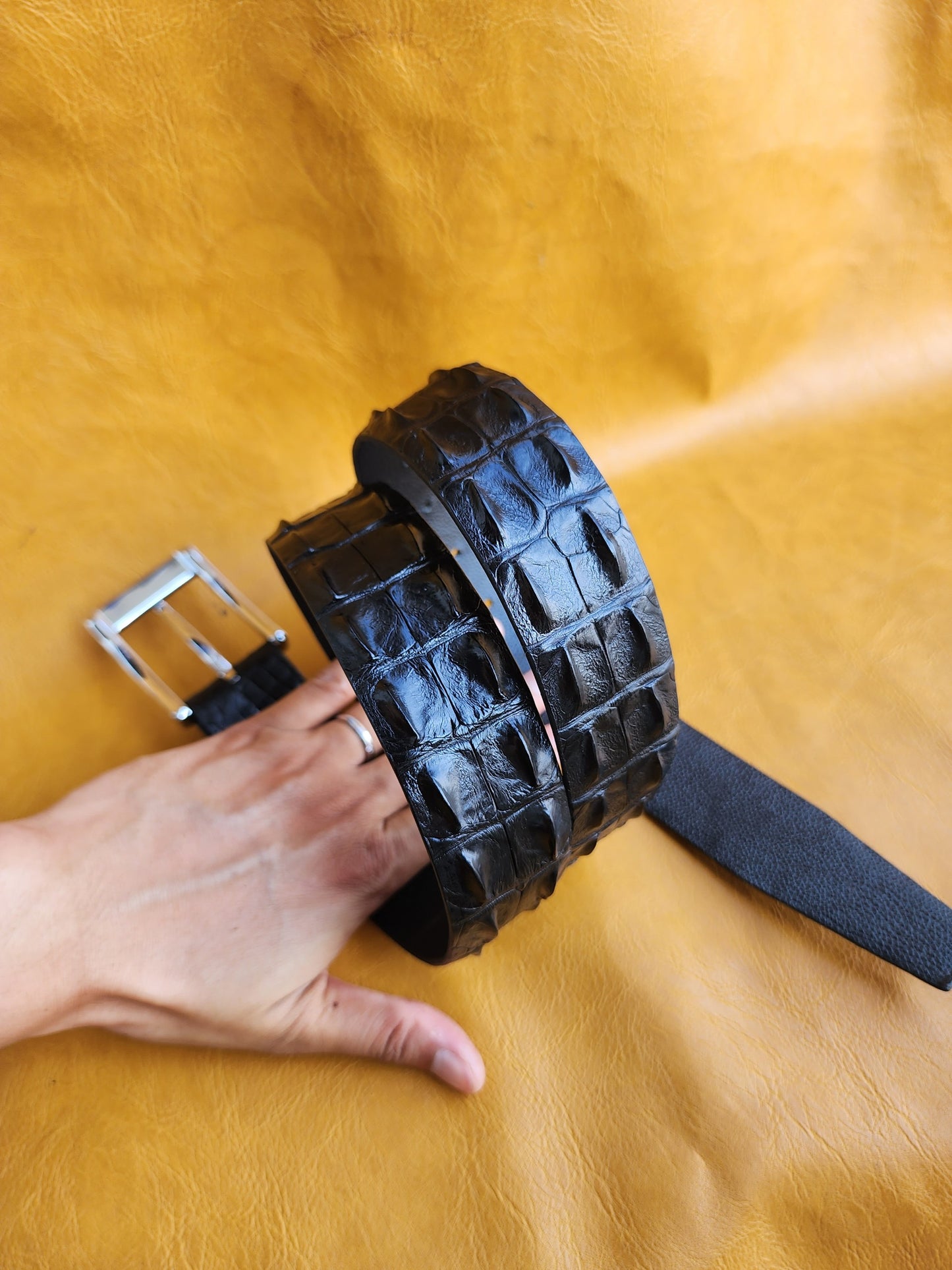 Black Handmade Geunine Hornback Crocodile Leather Skin Men Belt Buckle
