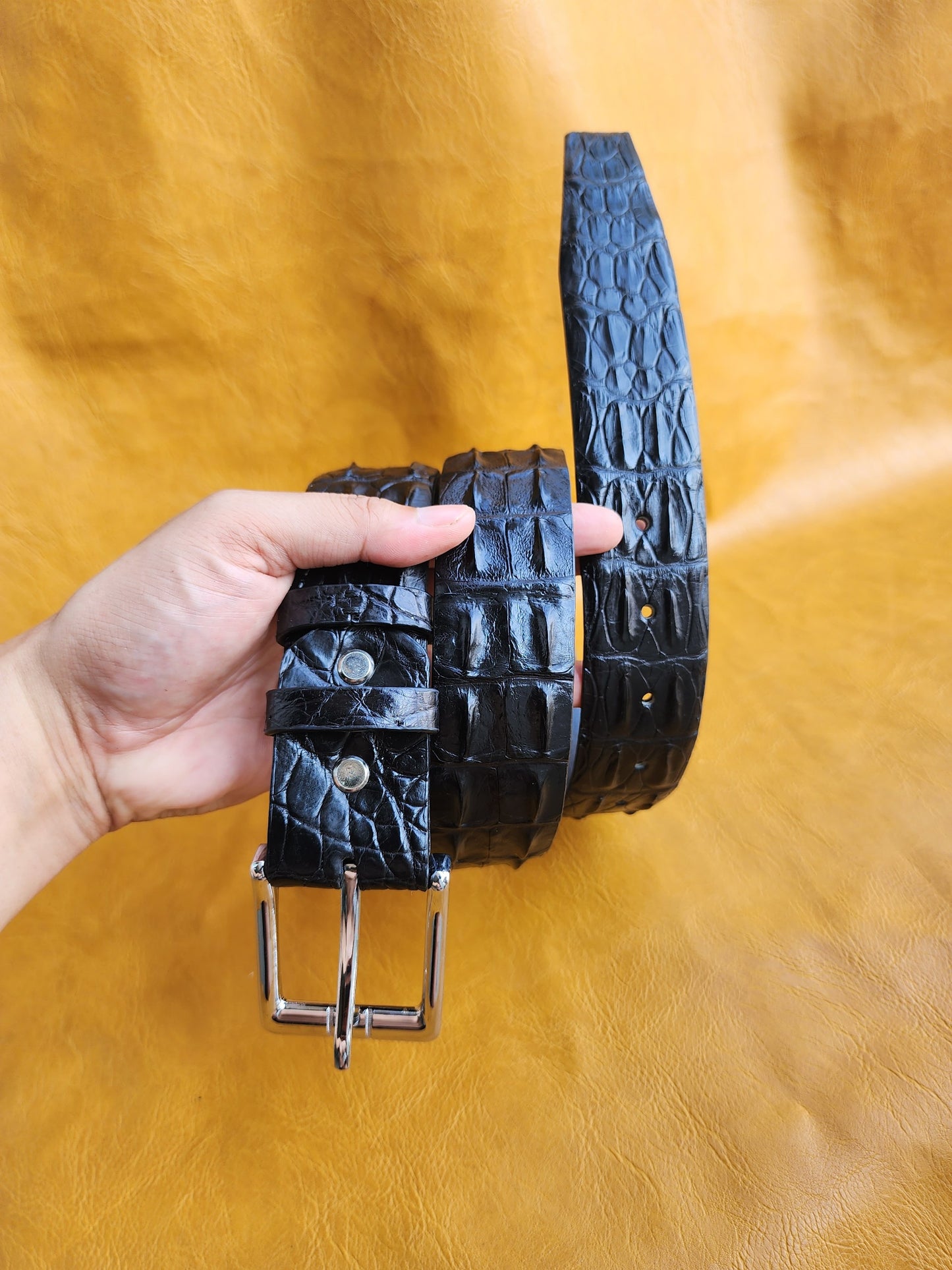 Black Handmade Geunine Hornback Crocodile Leather Skin Men Belt Buckle