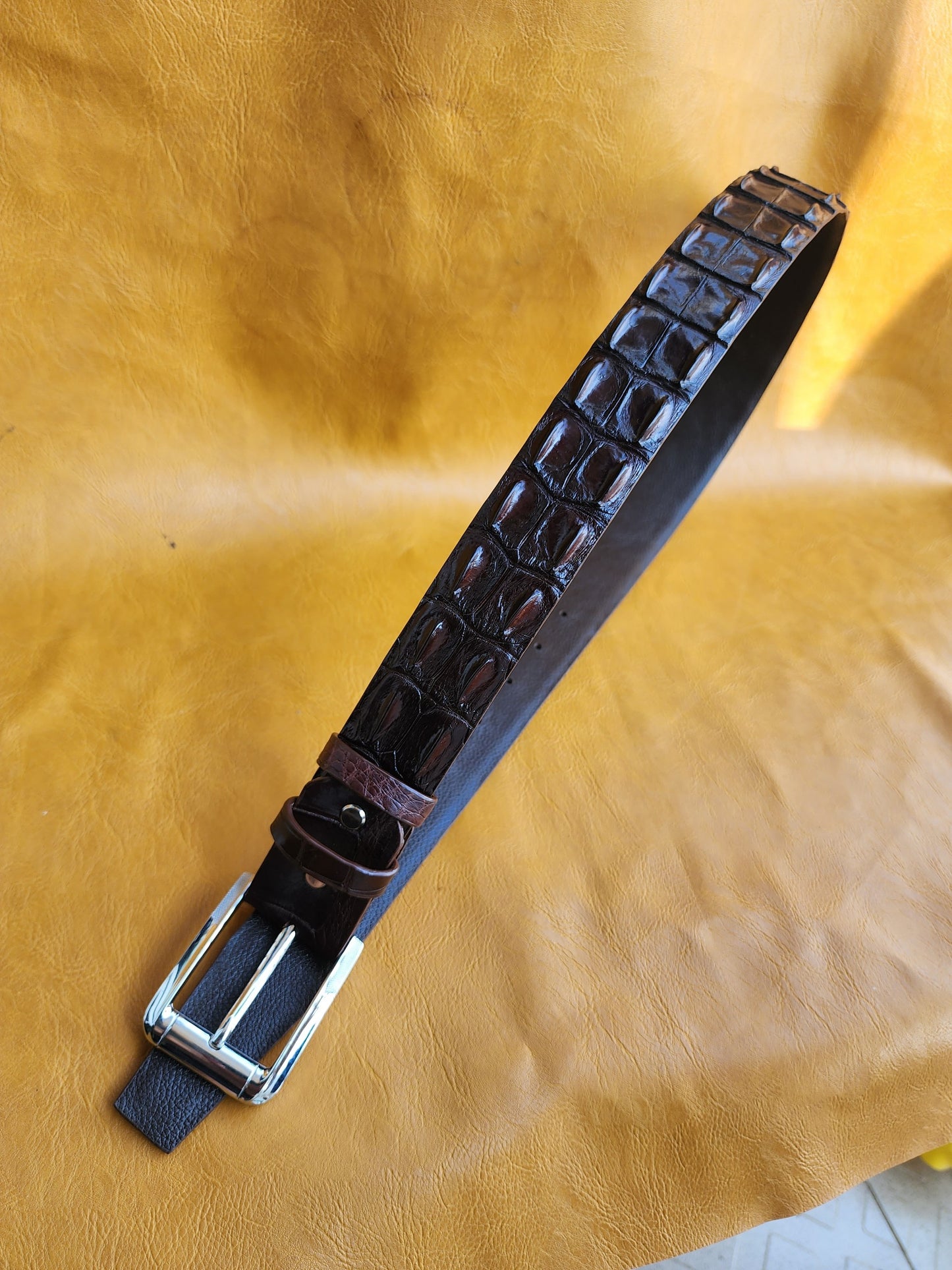 Brown 100% Handmade Genuine Hornback Crocodile Leather Men Belt Buckle