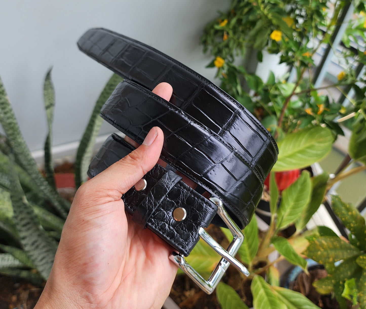 Black Handmade 100% Genuine Crocodile Leather Skin Men Belt Buckle