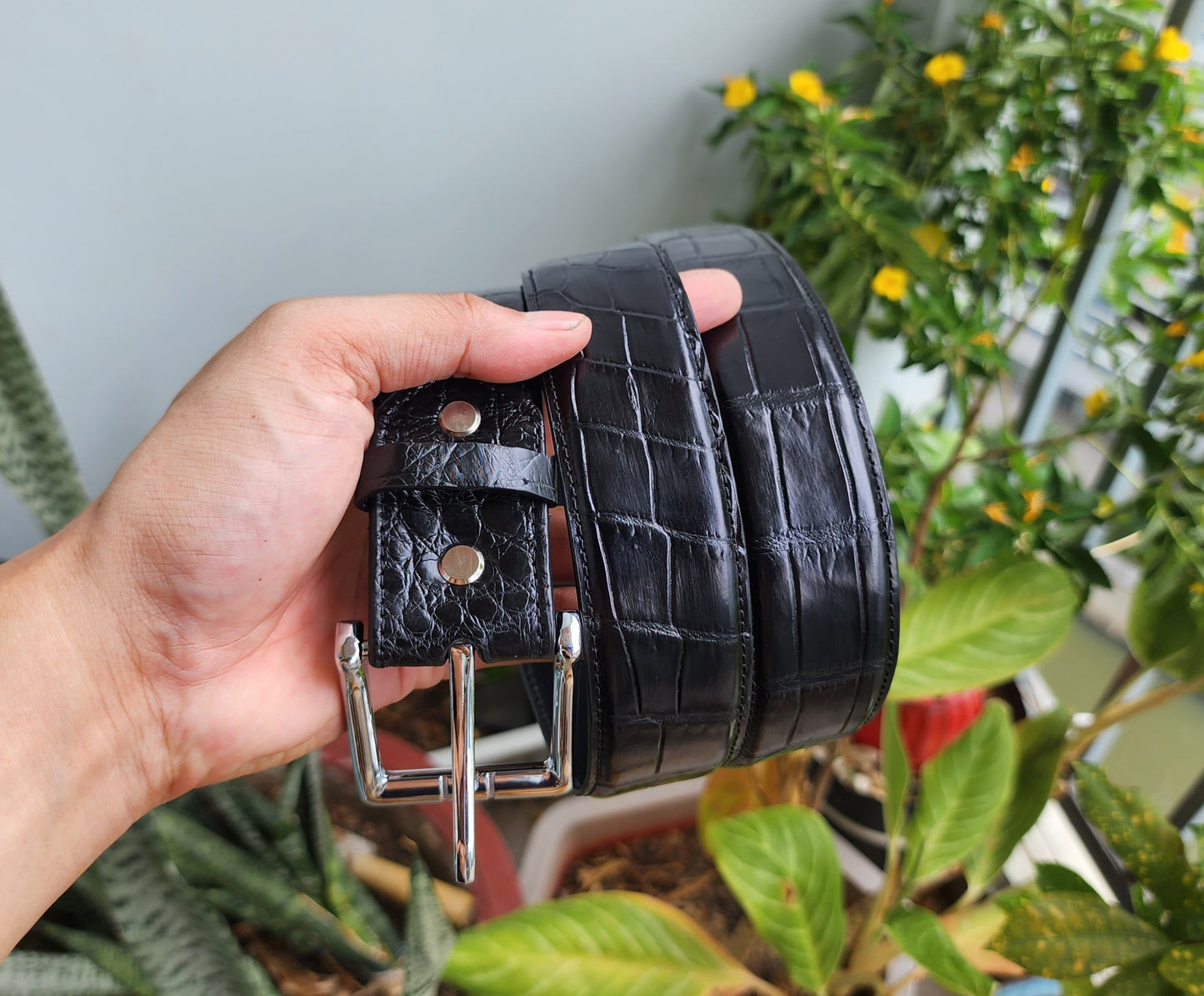 Black Handmade 100% Genuine Crocodile Leather Skin Men Belt Buckle