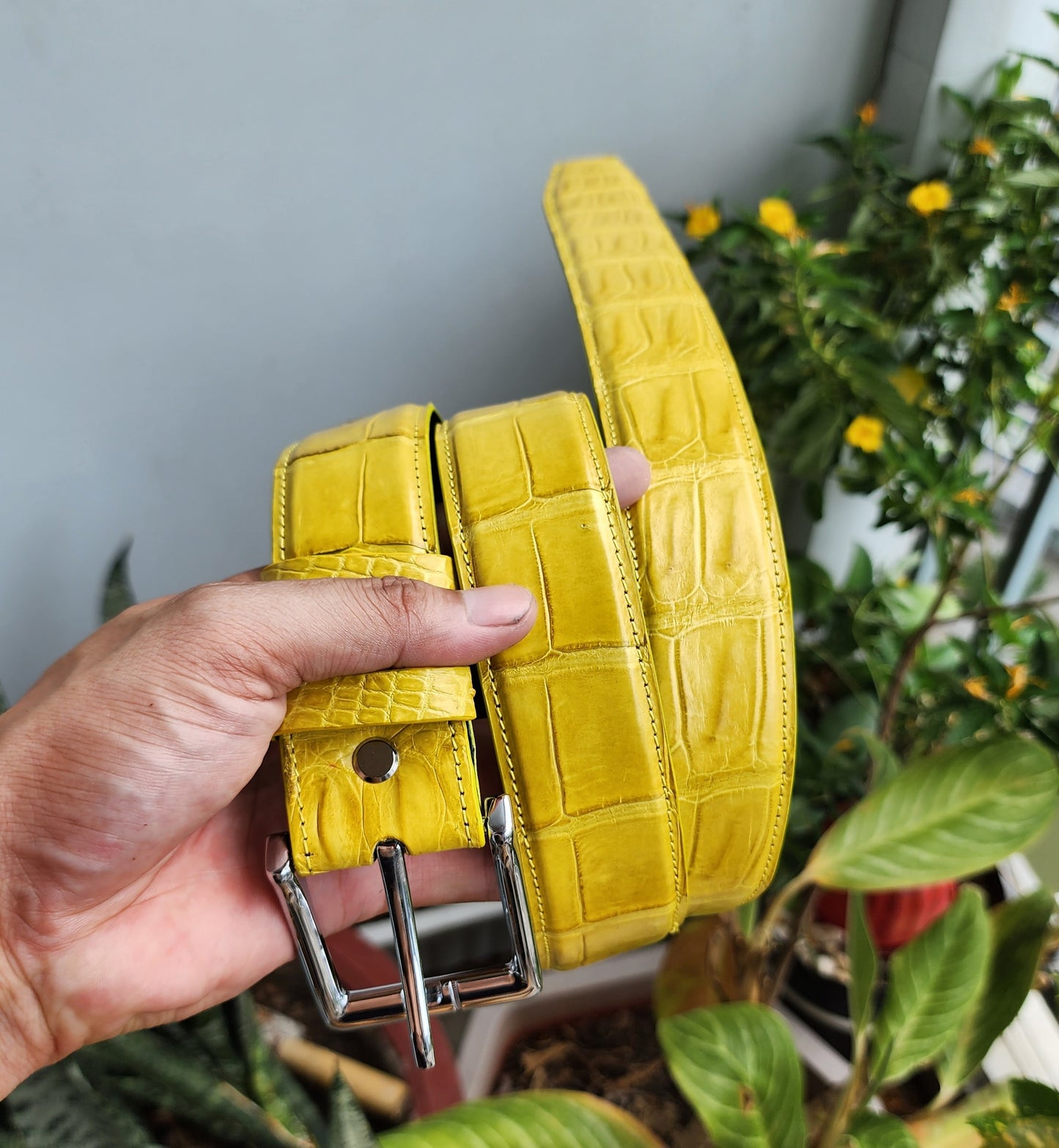Yellow Handmade 100% Genuine Crocodile Leather Skin Men Belt Buckle
