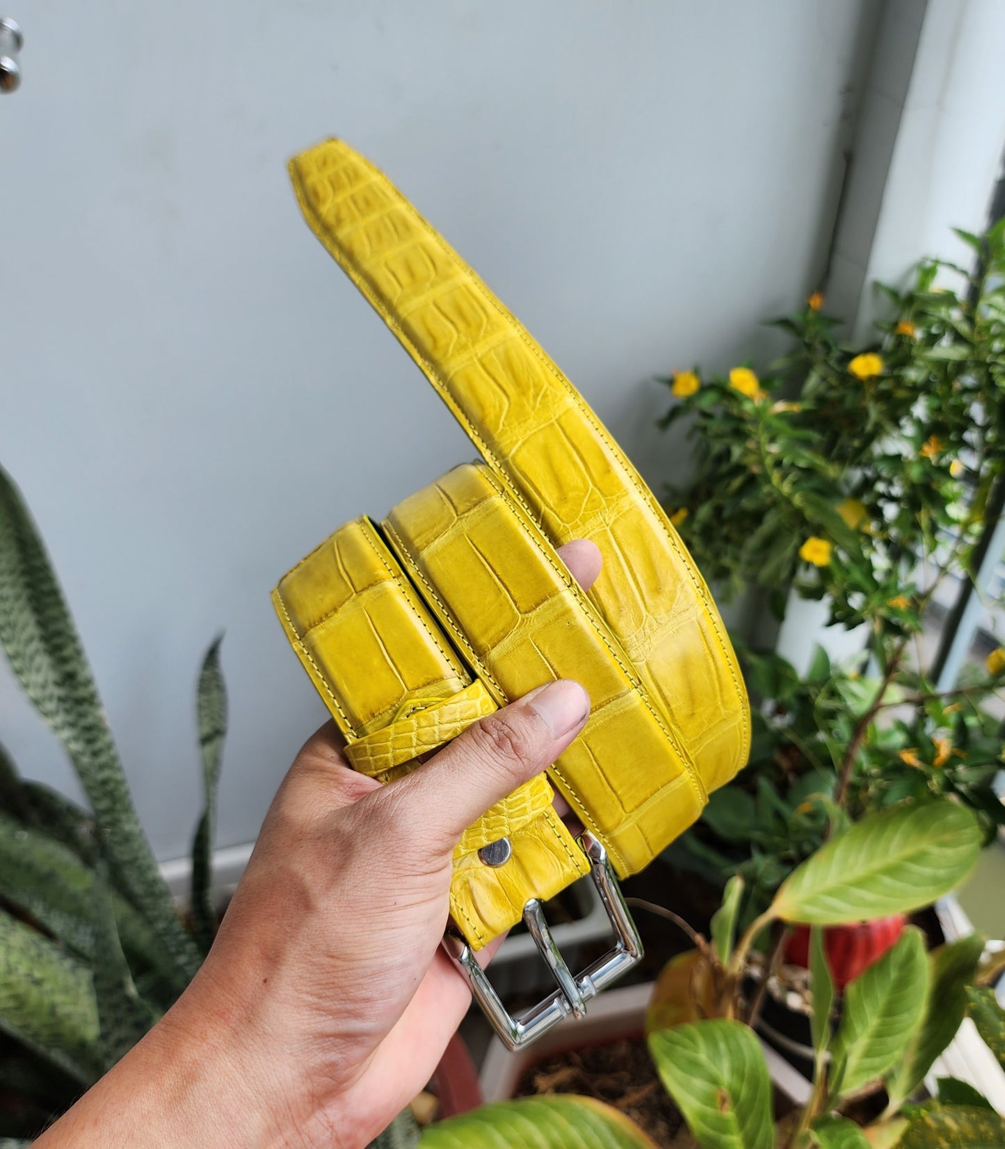 Yellow Handmade 100% Genuine Crocodile Leather Skin Men Belt Buckle