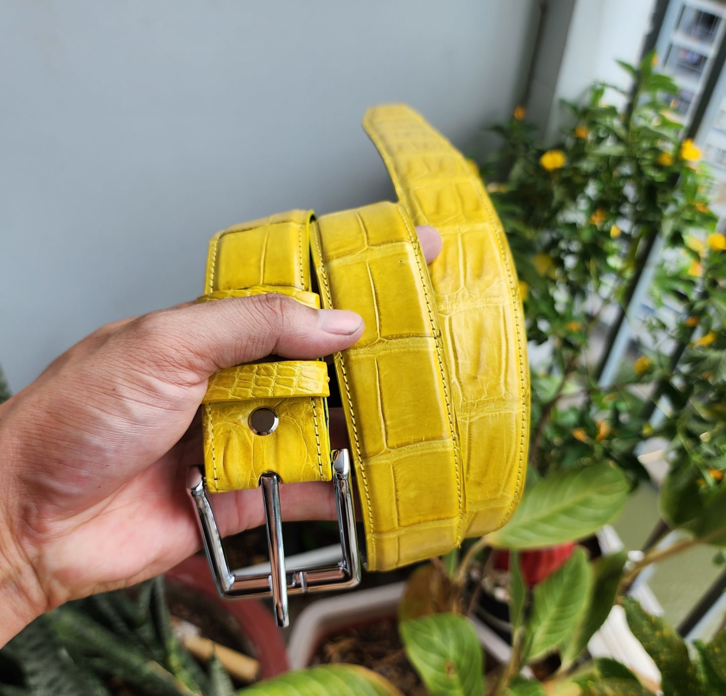Yellow Handmade 100% Genuine Crocodile Leather Skin Men Belt Buckle