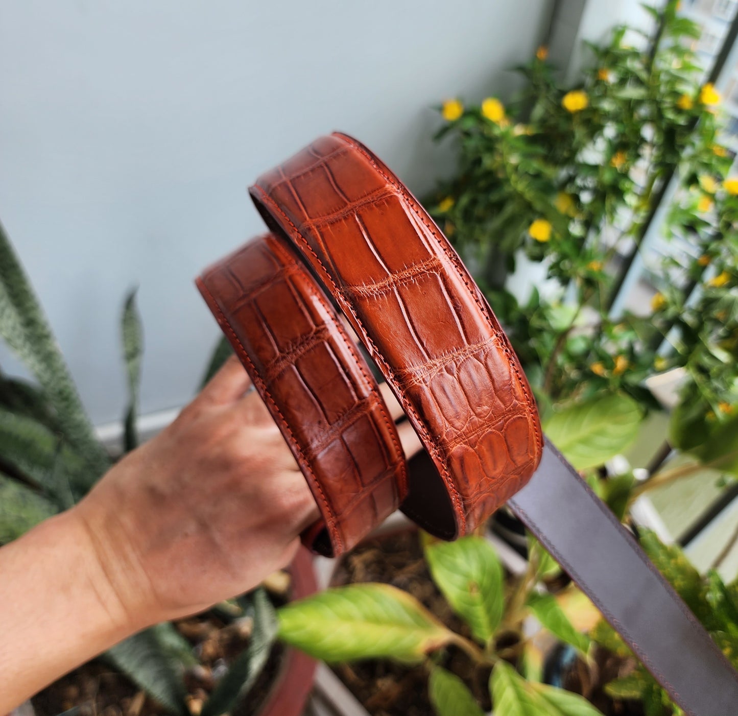 Cognac Handmade 100% Genuine Crocodile Leather Skin Men Belt Buckle
