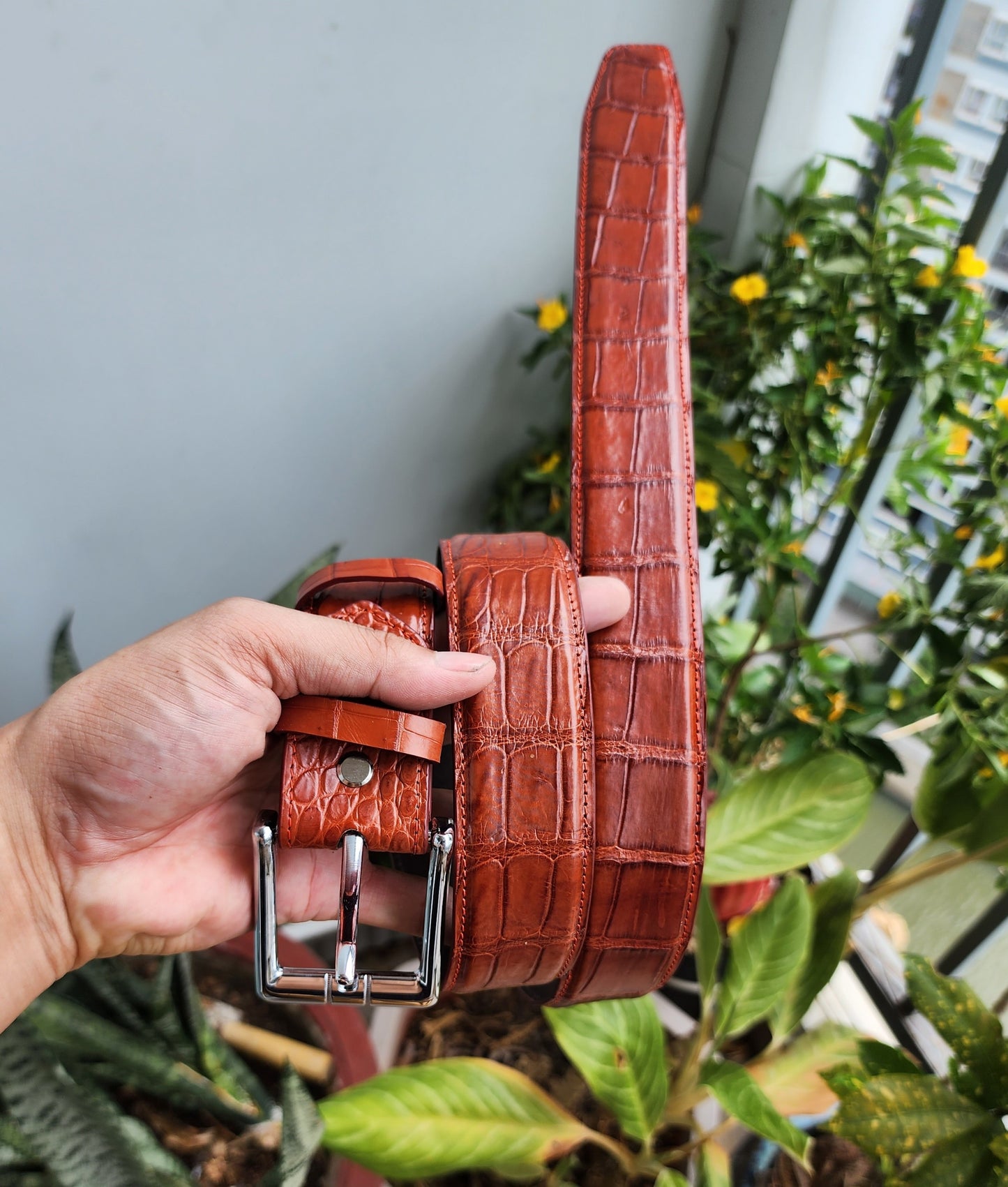 Cognac Handmade 100% Genuine Crocodile Leather Skin Men Belt Buckle