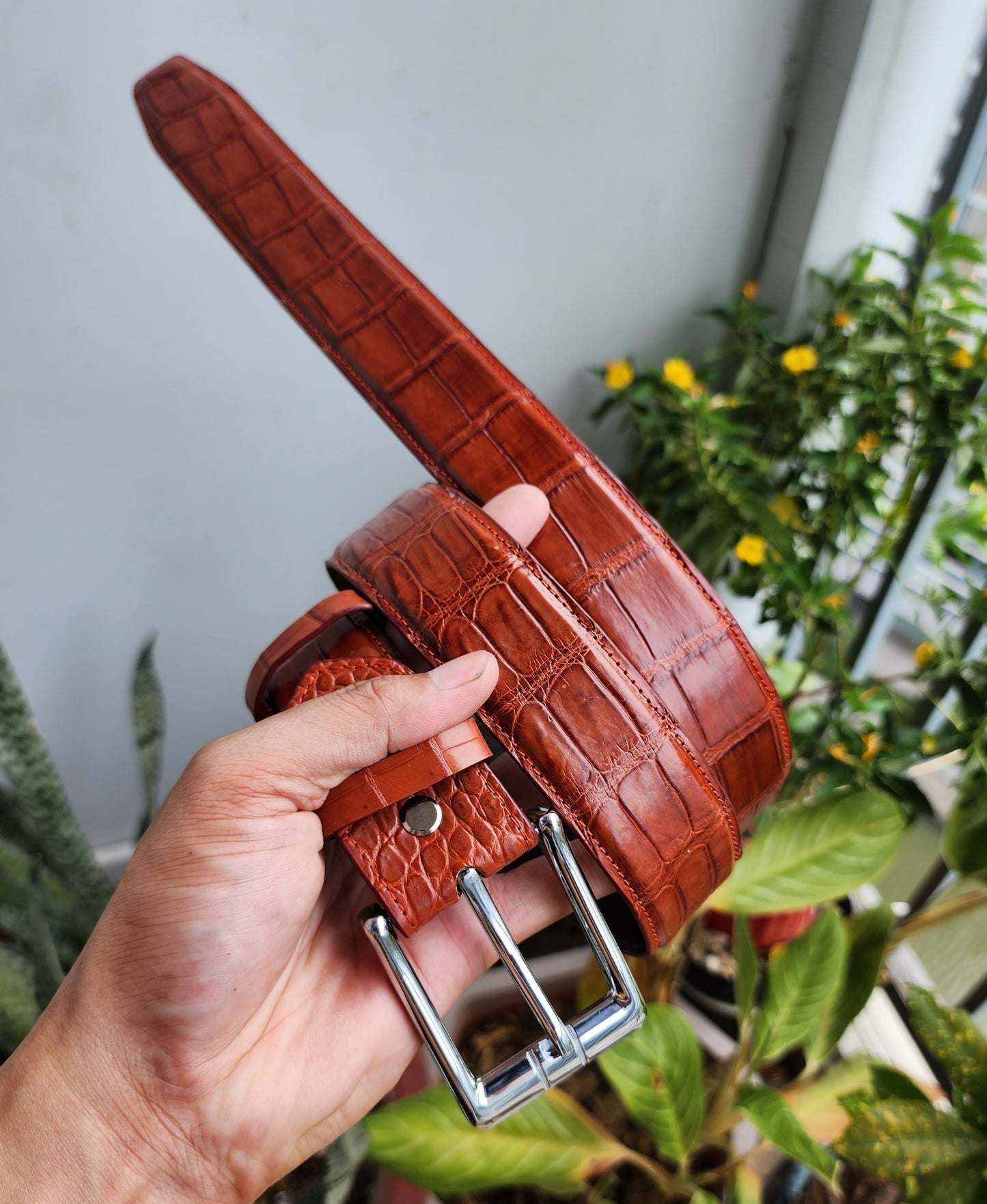 Cognac Handmade 100% Genuine Crocodile Leather Skin Men Belt Buckle