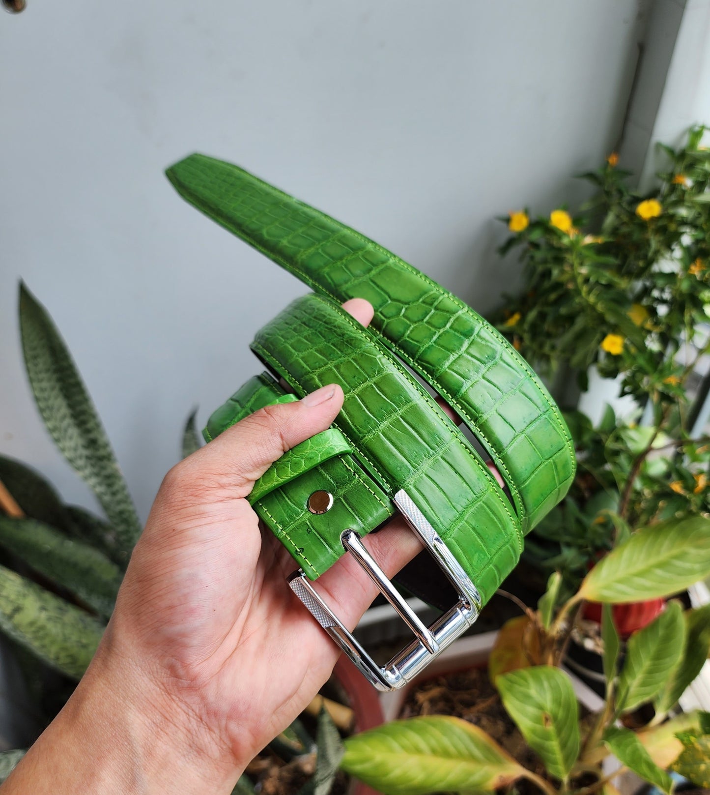 Green Handmade 100% Genuine Crocodiel Leather Skin Men Belt Buckle