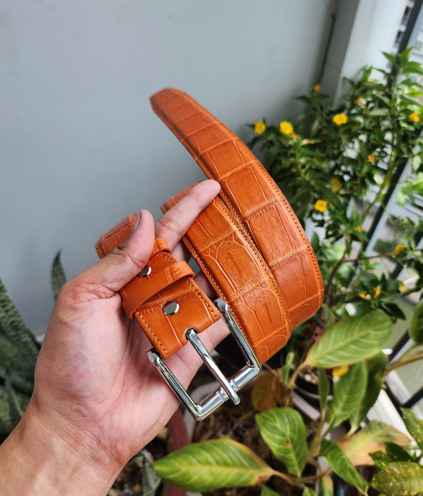 Orange Handmade 100% Genuine Crocodile Leather Skin Men Belt Buckle