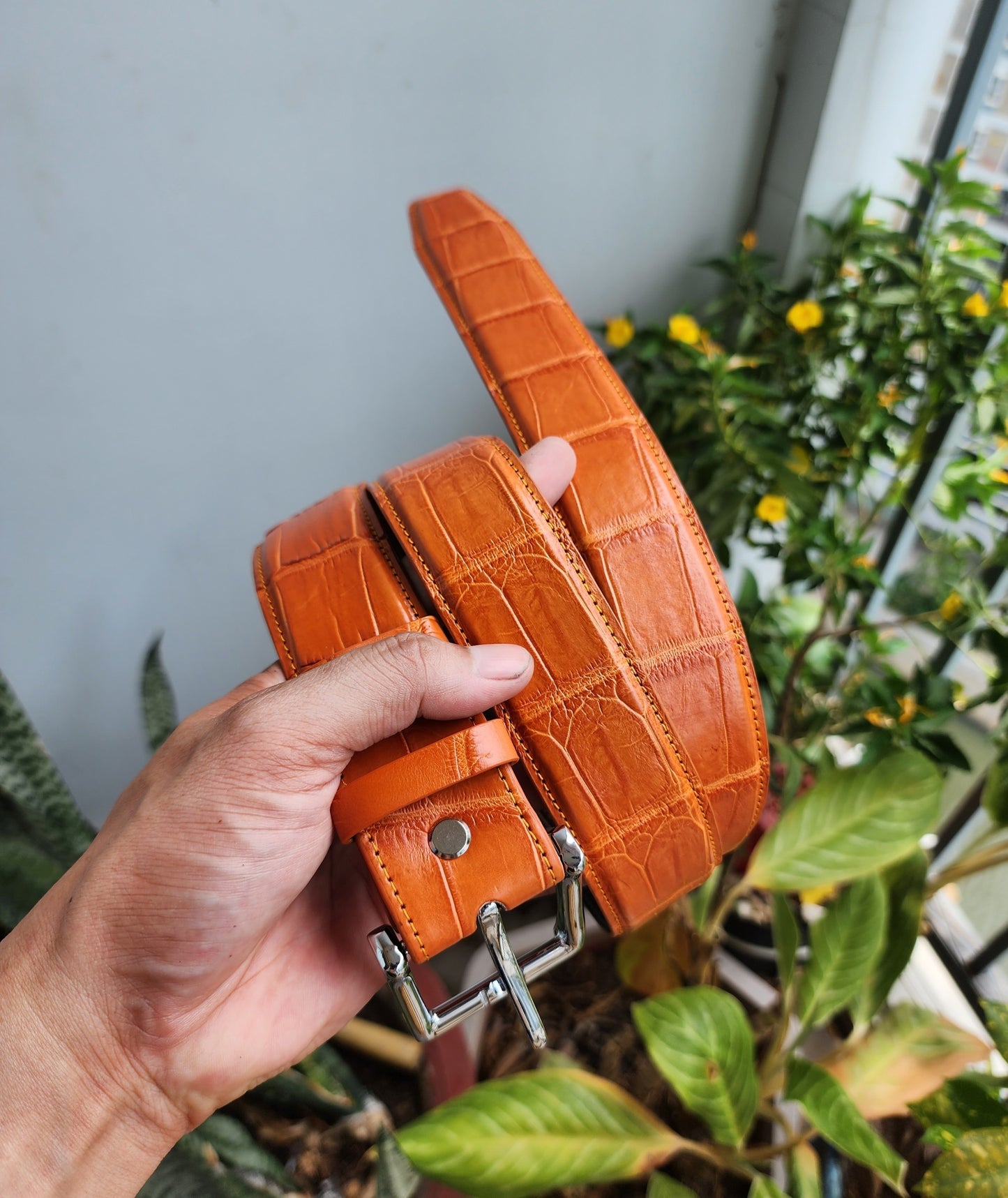 Orange Handmade 100% Genuine Crocodile Leather Skin Men Belt Buckle