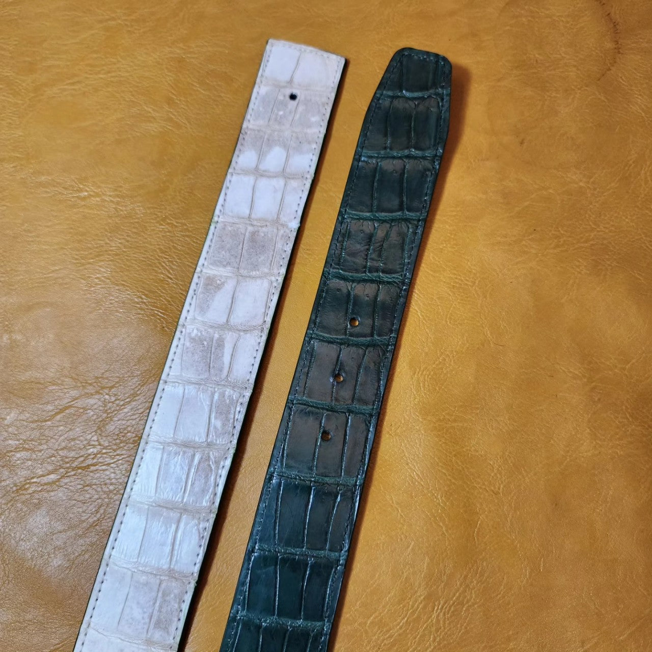 White/Green Doubleside 100% Genuine CROCO Leather Skin Men Belt H Buckle