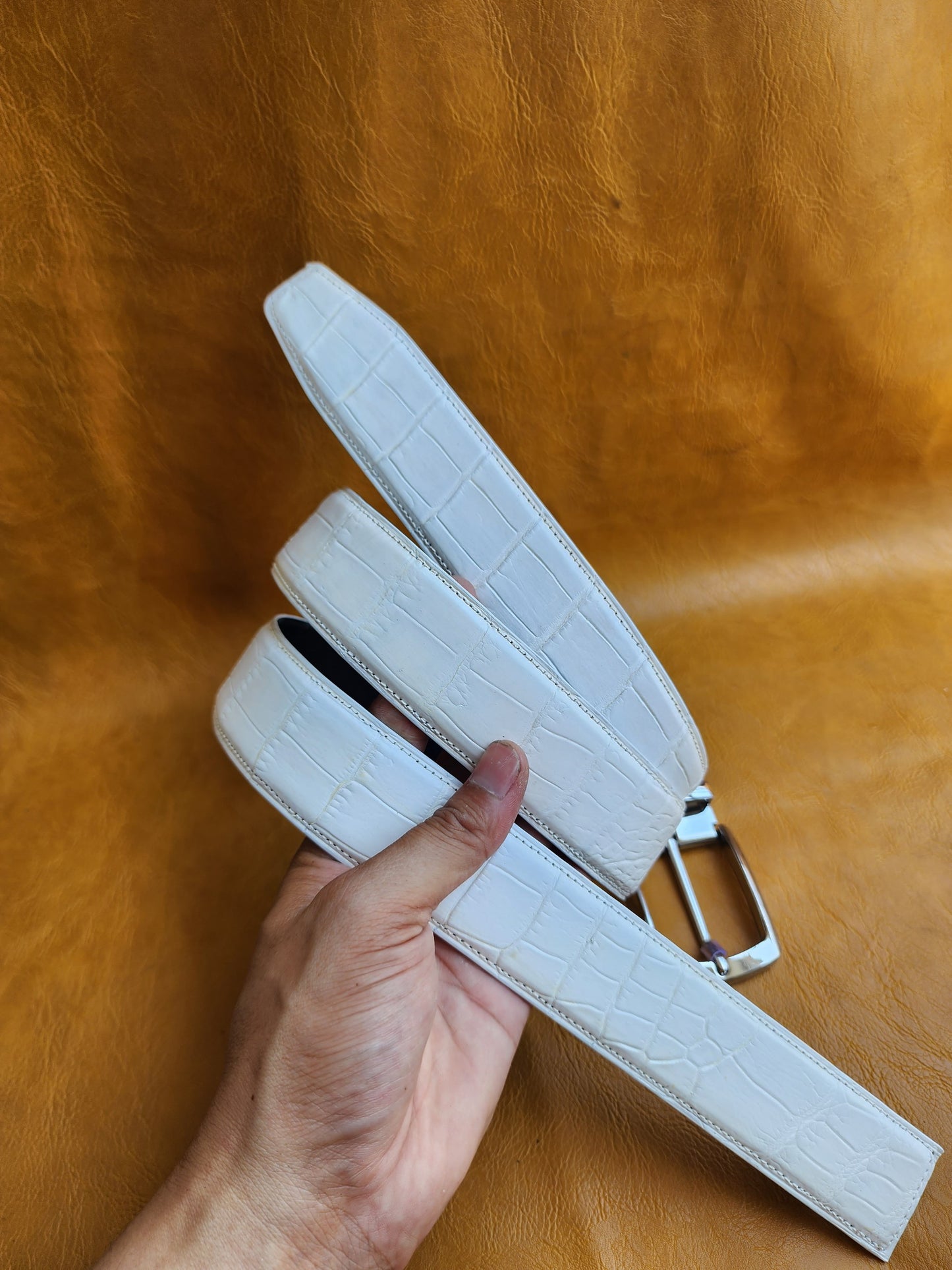 White Handmade 100% Genuine Crocodile Leather Skin Men Belt Buckle