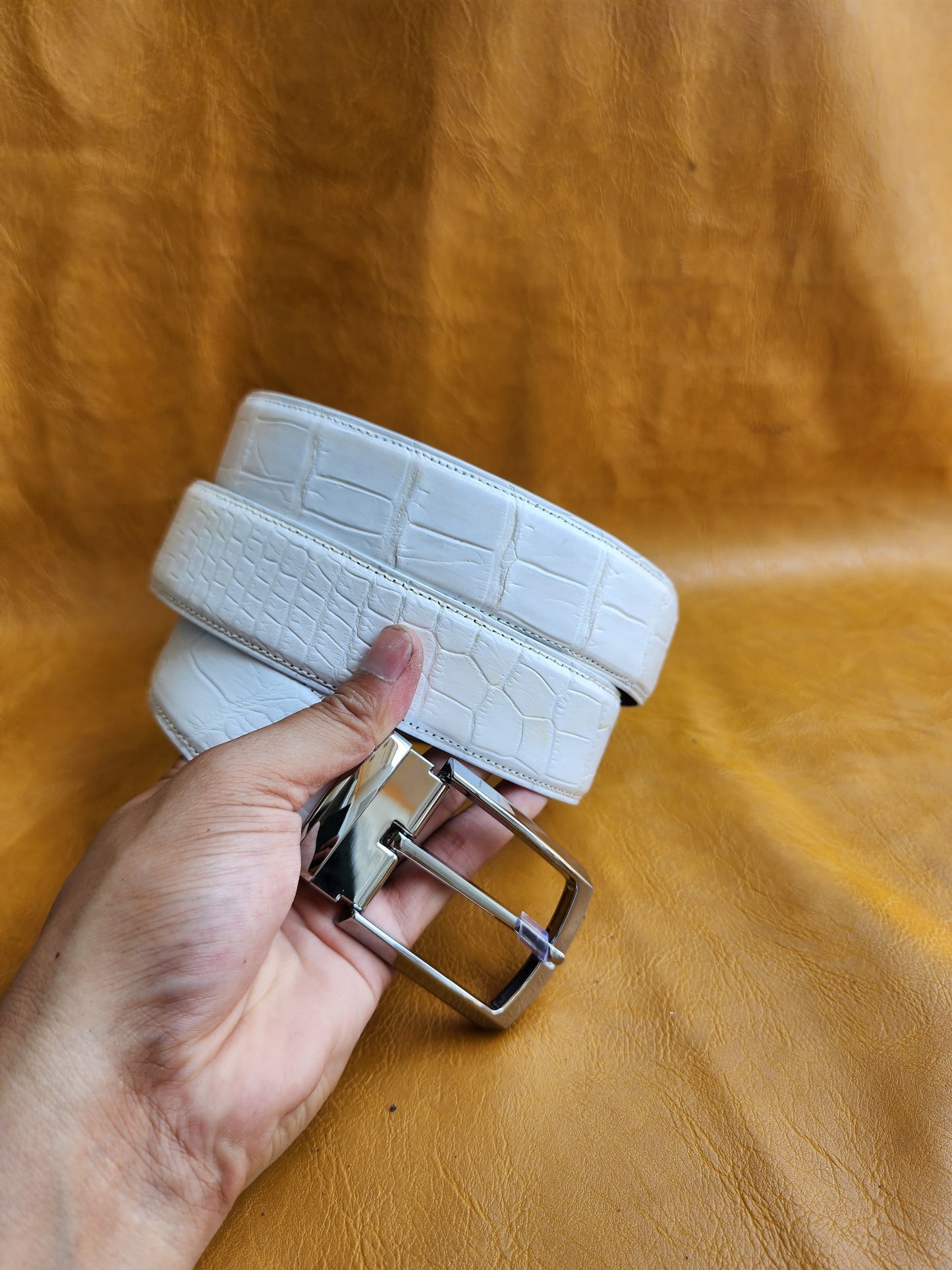 White Handmade 100% Genuine Crocodile Leather Skin Men Belt Buckle