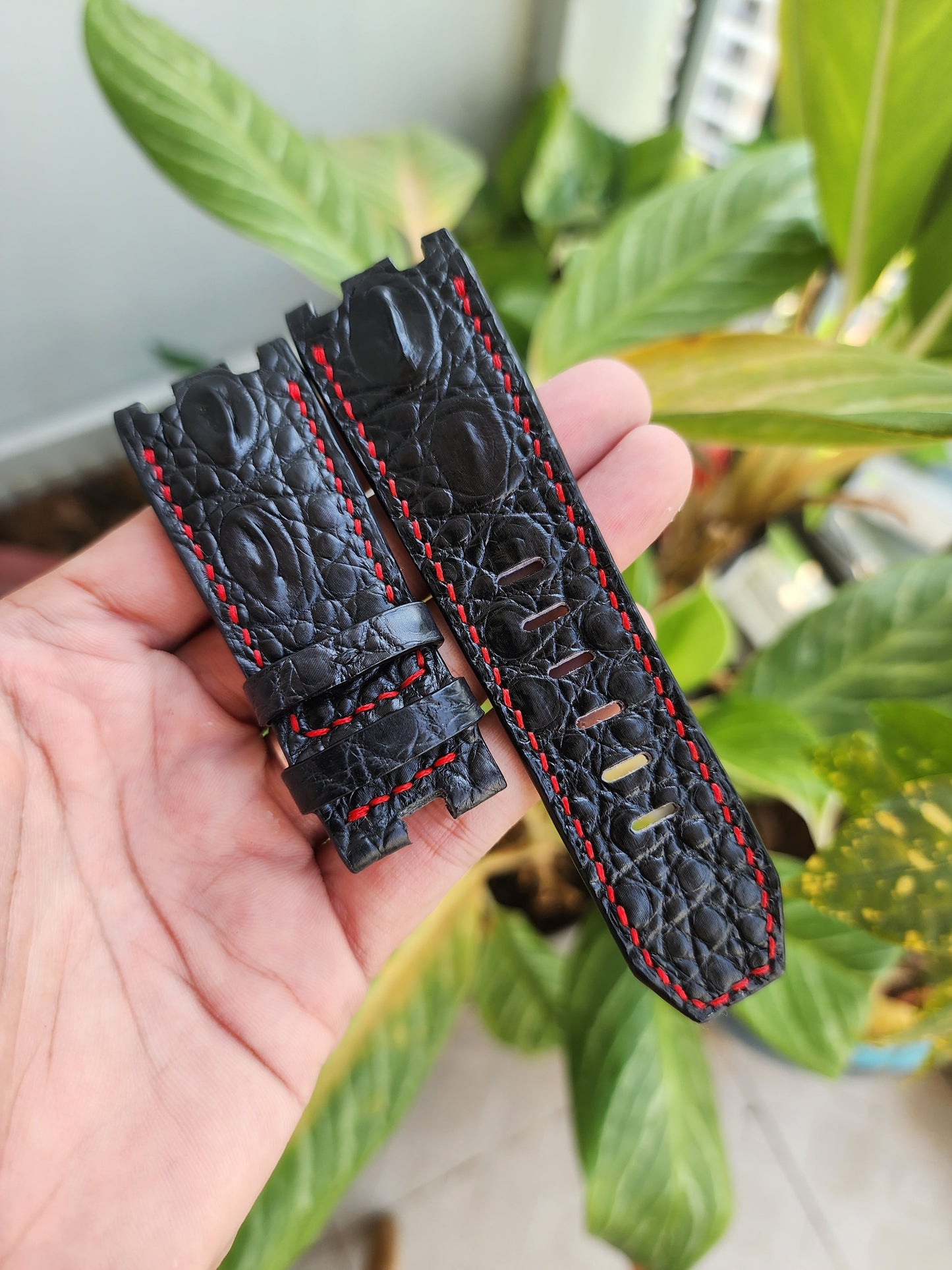 28/24 MM Black Genuine Crocodile Leather Skin Watch strap band AP 42mm Royal Oak Offshore