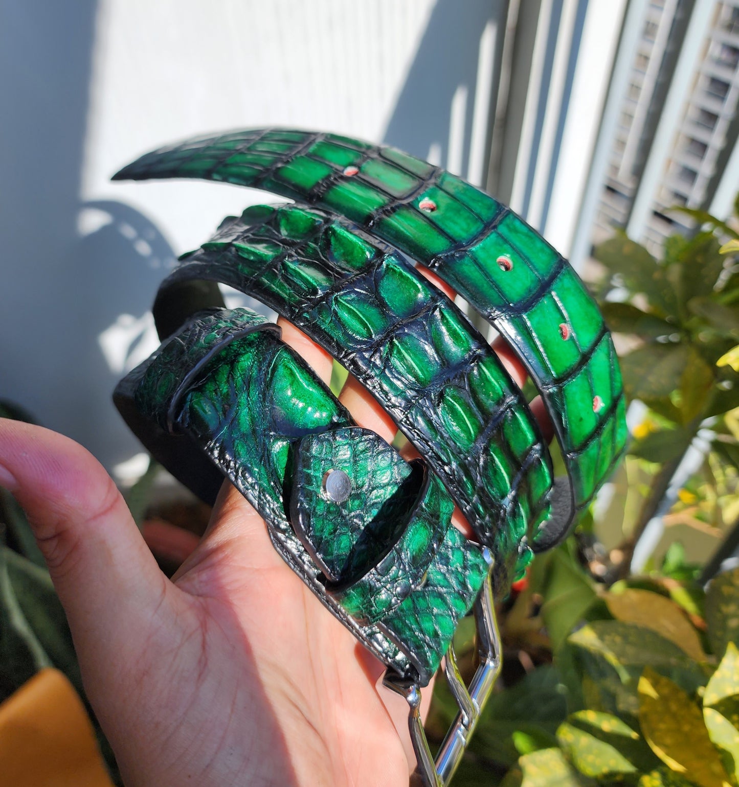 Patina Green Handmade Genuine Hornback Crocodile Leather Men Belt Buckle