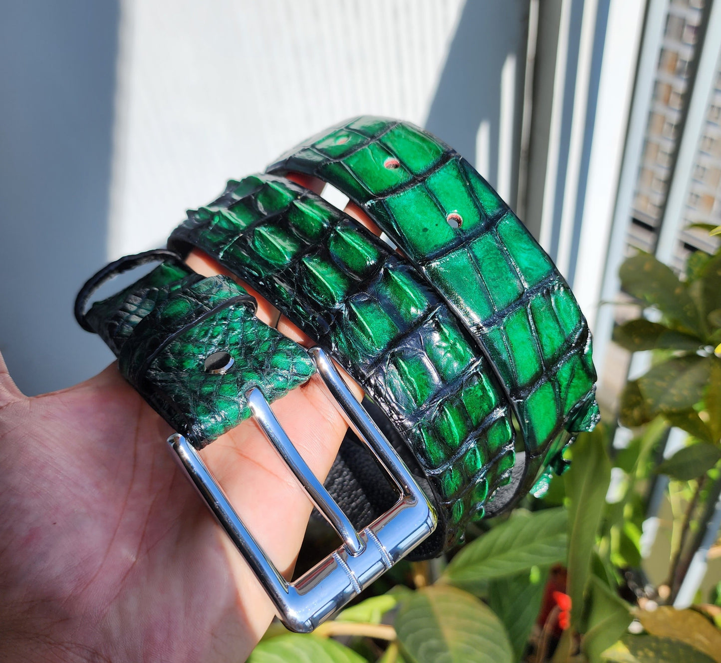 Patina Green Handmade Genuine Hornback Crocodile Leather Men Belt Buckle