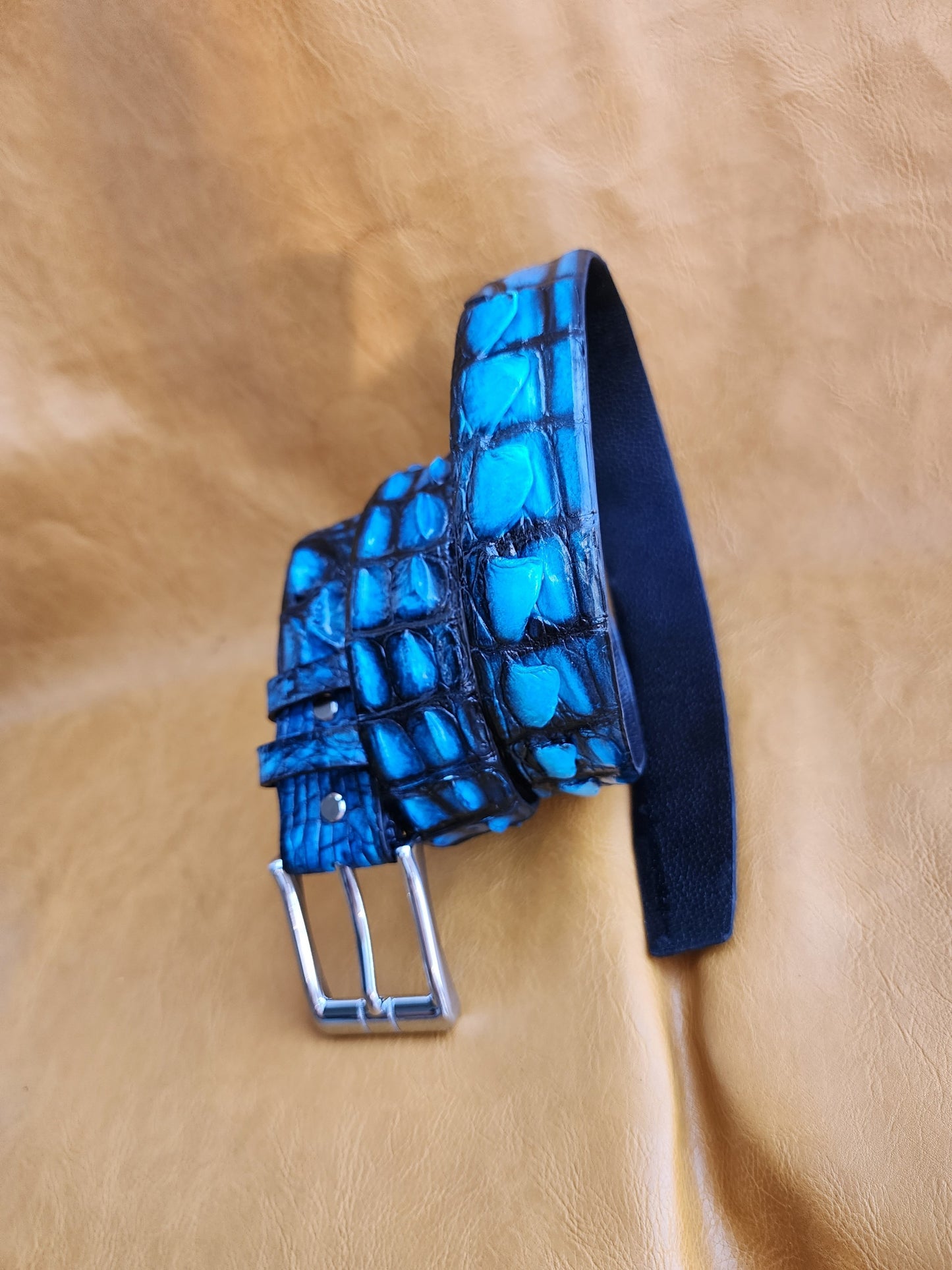 Patina Blue Handmade 100% Doubleside Genuine Crocodile Leather Skin Men Belt Buckle