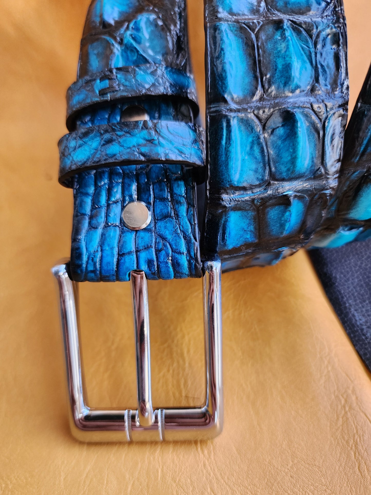 Patina Blue Handmade 100% Doubleside Genuine Crocodile Leather Skin Men Belt Buckle