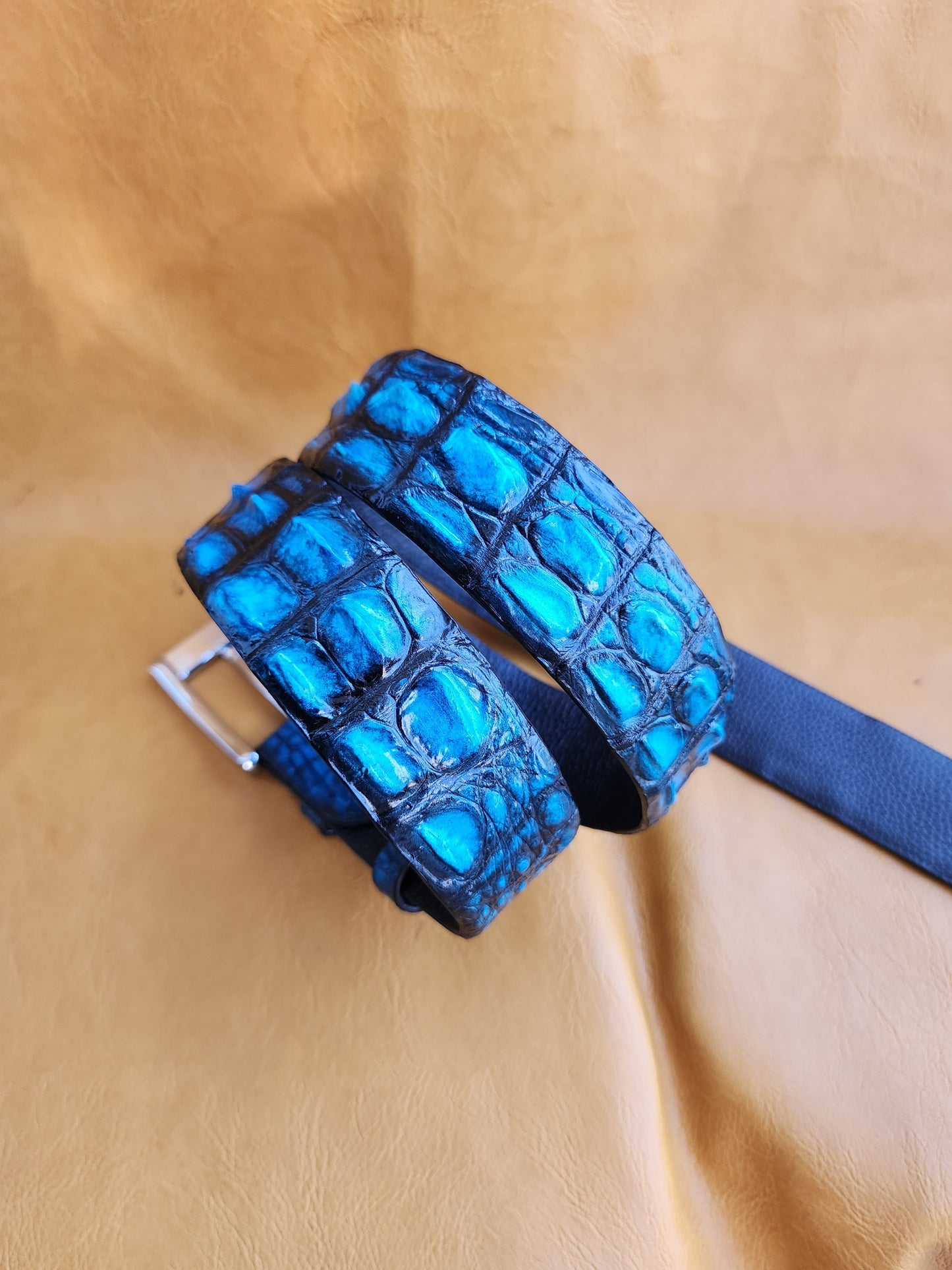 Patina Blue Handmade 100% Doubleside Genuine Crocodile Leather Skin Men Belt Buckle