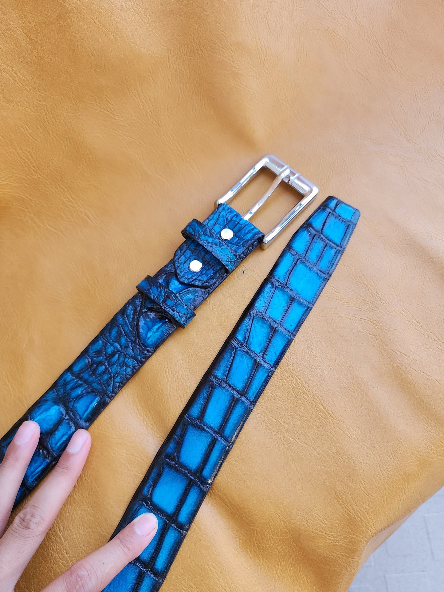 Patina Blue Handmade 100% Doubleside Genuine Crocodile Leather Skin Men Belt Buckle