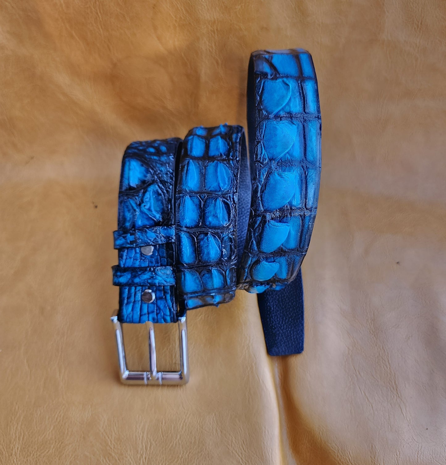 Patina Blue Handmade 100% Doubleside Genuine Crocodile Leather Skin Men Belt Buckle