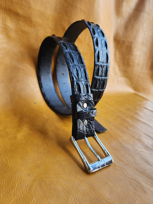 Black Handmade Geunine Hornback Crocodile Leather Skin Men Belt Buckle