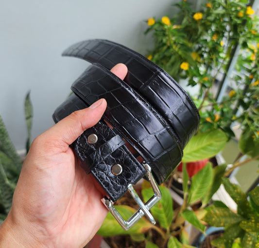 Black Handmade 100% Genuine Crocodile Leather Skin Men Belt Buckle