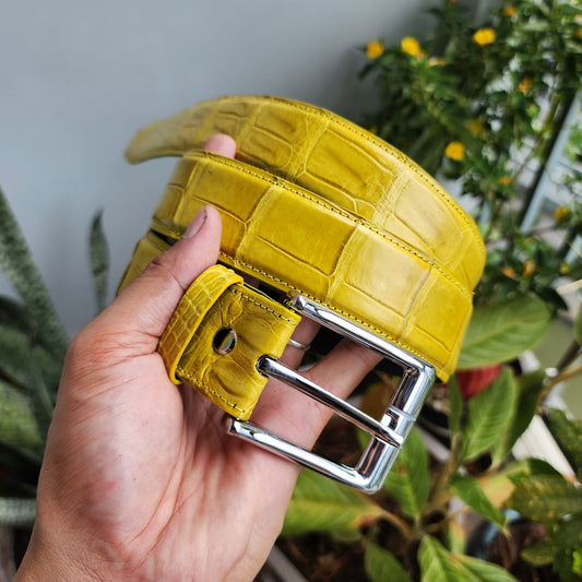 Yellow Handmade 100% Genuine Crocodile Leather Skin Men Belt Buckle