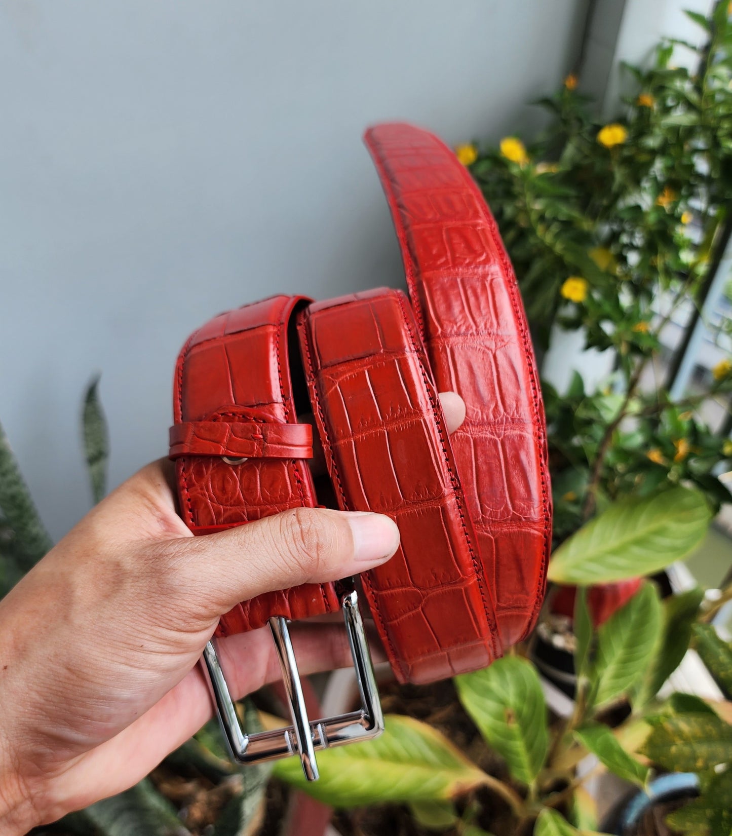 Red Handmade 100% Genuine Crocodile Leather Skin Men Belt Buckle
