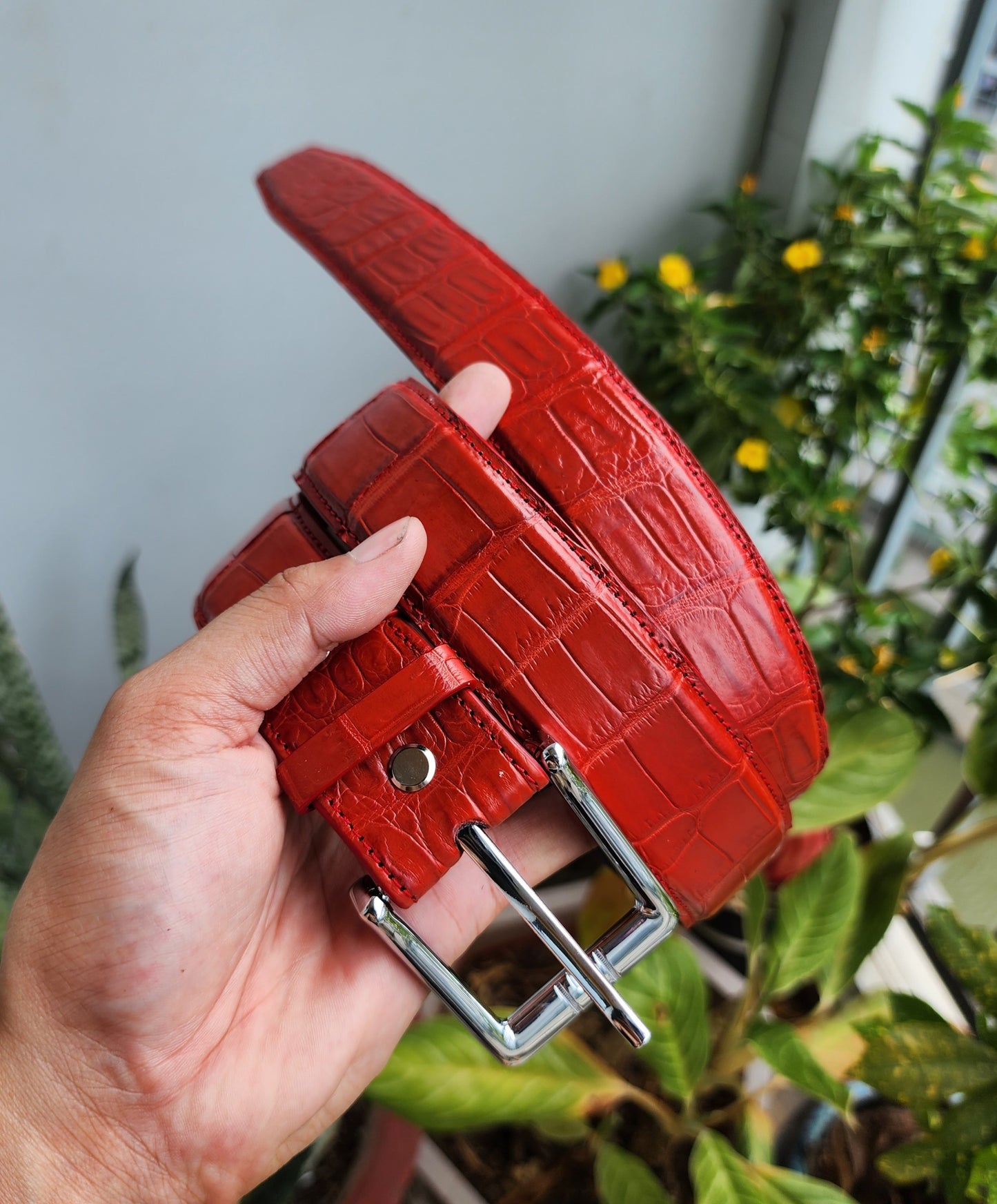 Red Handmade 100% Genuine Crocodile Leather Skin Men Belt Buckle
