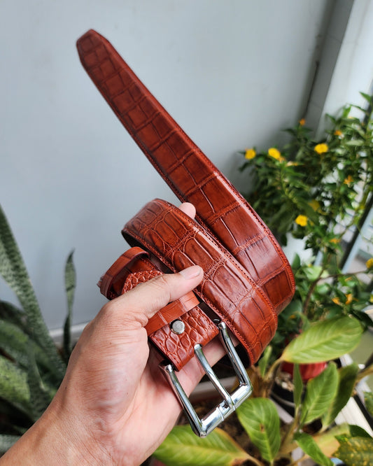 Cognac Handmade 100% Genuine Crocodile Leather Skin Men Belt Buckle
