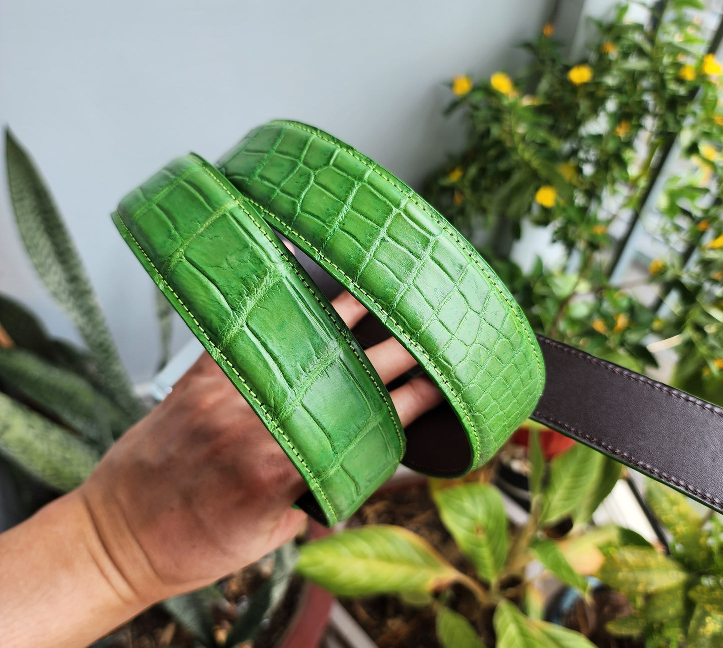 Green Handmade 100%  Genuine Crocodiel Leather Skin Men Belt Buckle