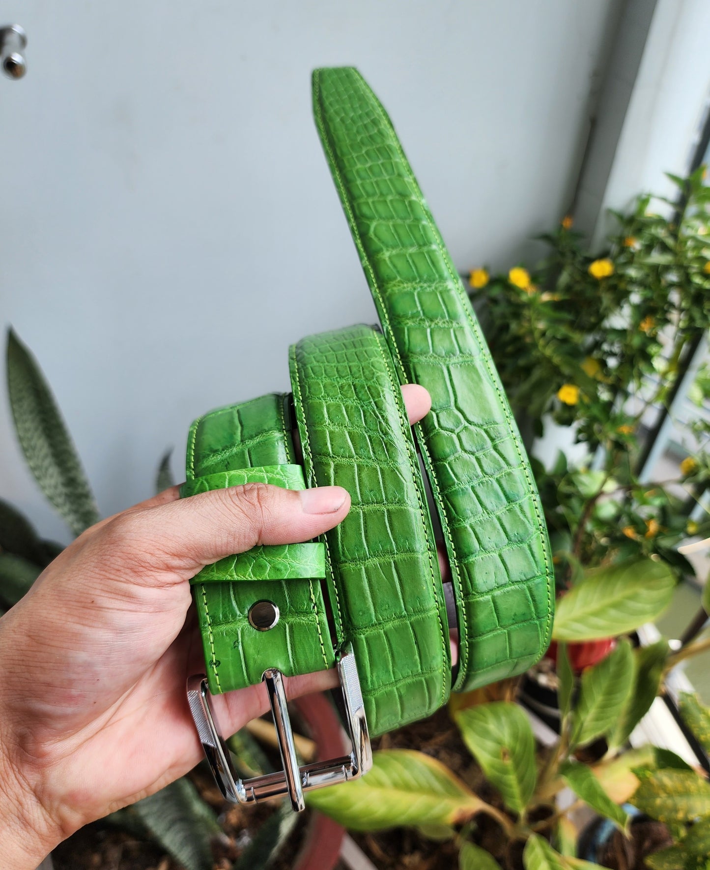 Green Handmade 100%  Genuine Crocodiel Leather Skin Men Belt Buckle