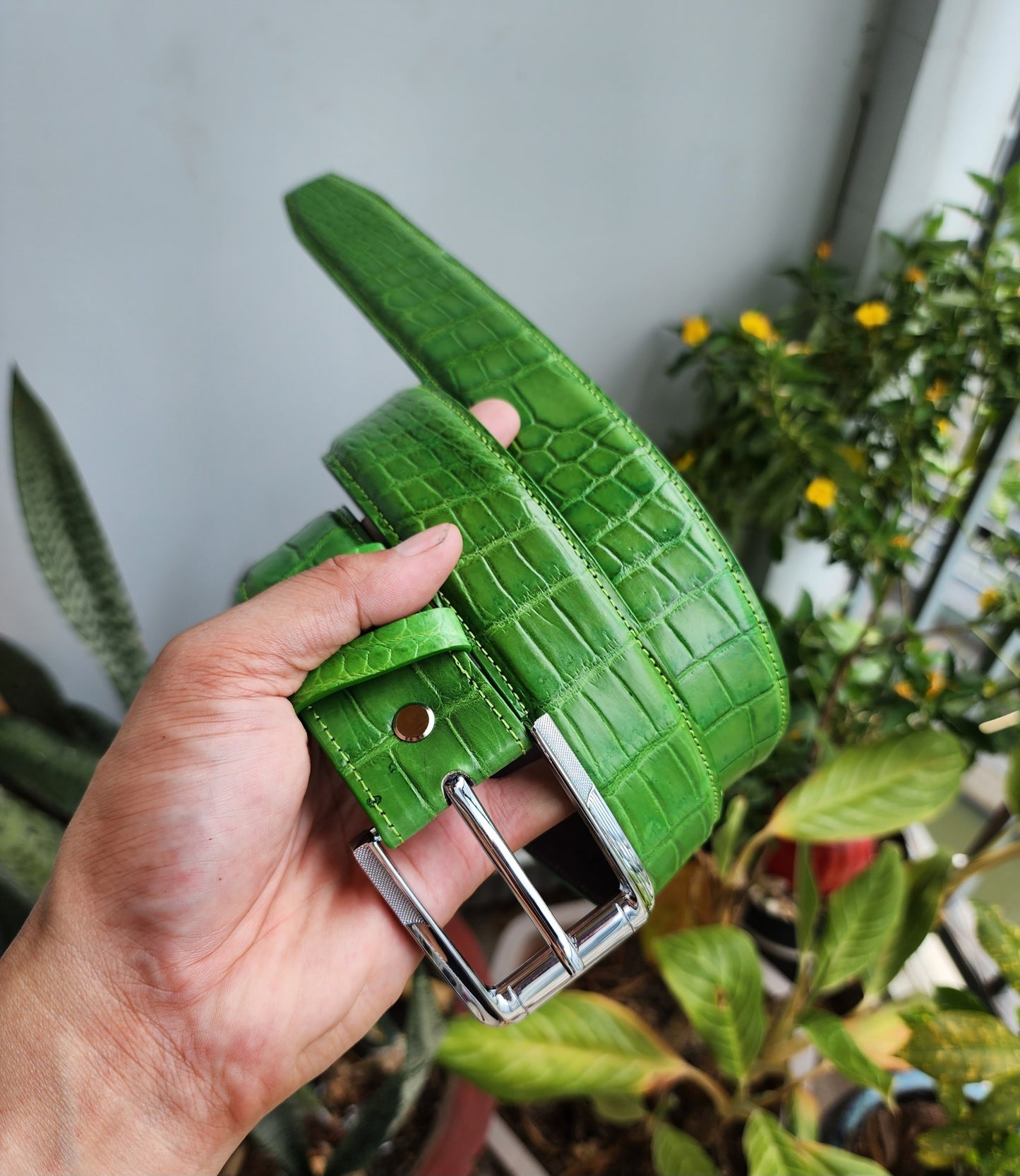 Green Handmade 100%  Genuine Crocodiel Leather Skin Men Belt Buckle