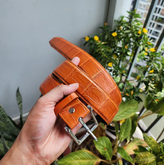 Orange Handmade 100% Genuine Crocodile Leather Skin Men Belt Buckle