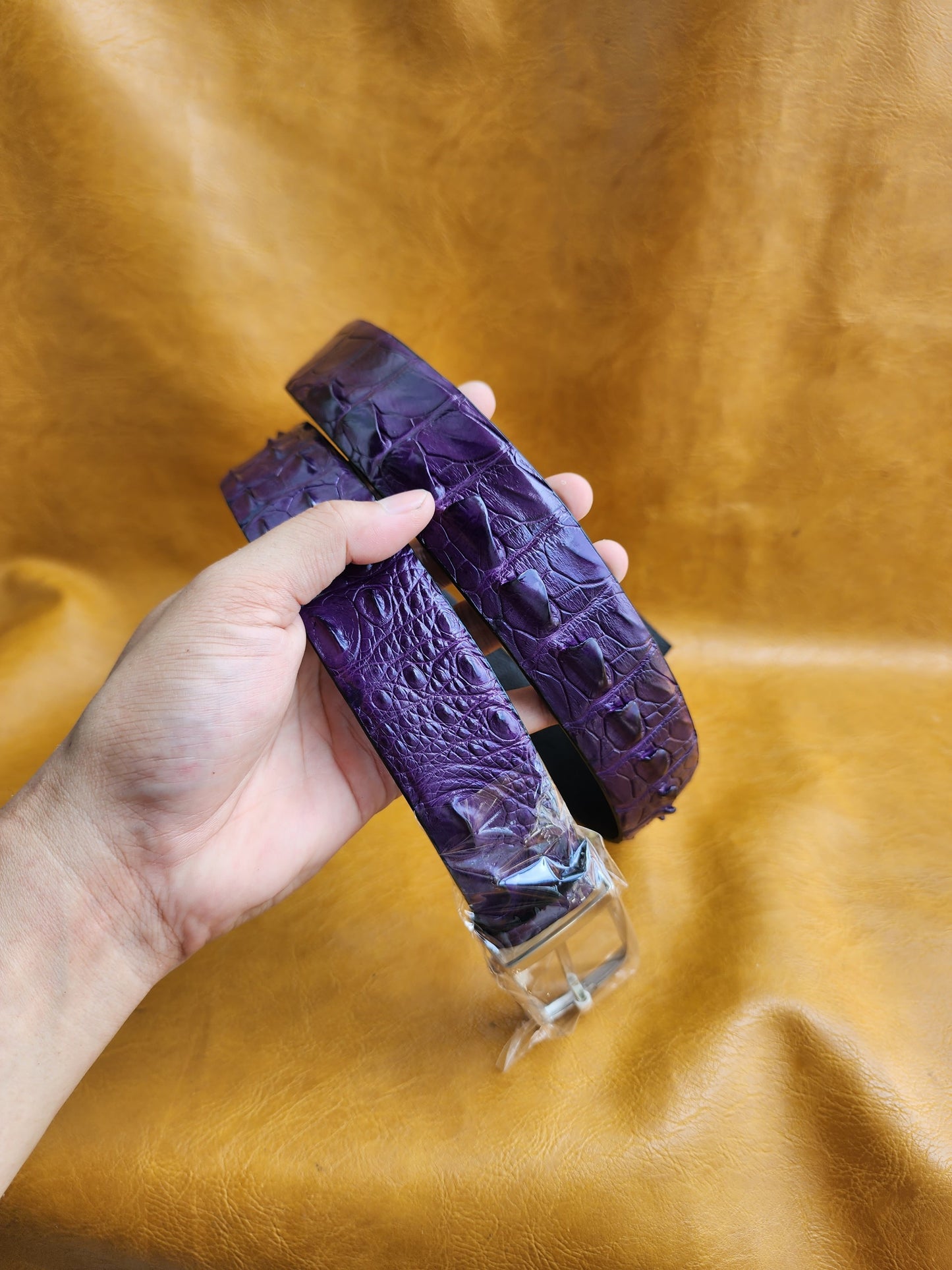 Purple Handmade Geunine Hornback Croco Leather Skin Men Belt Buckle