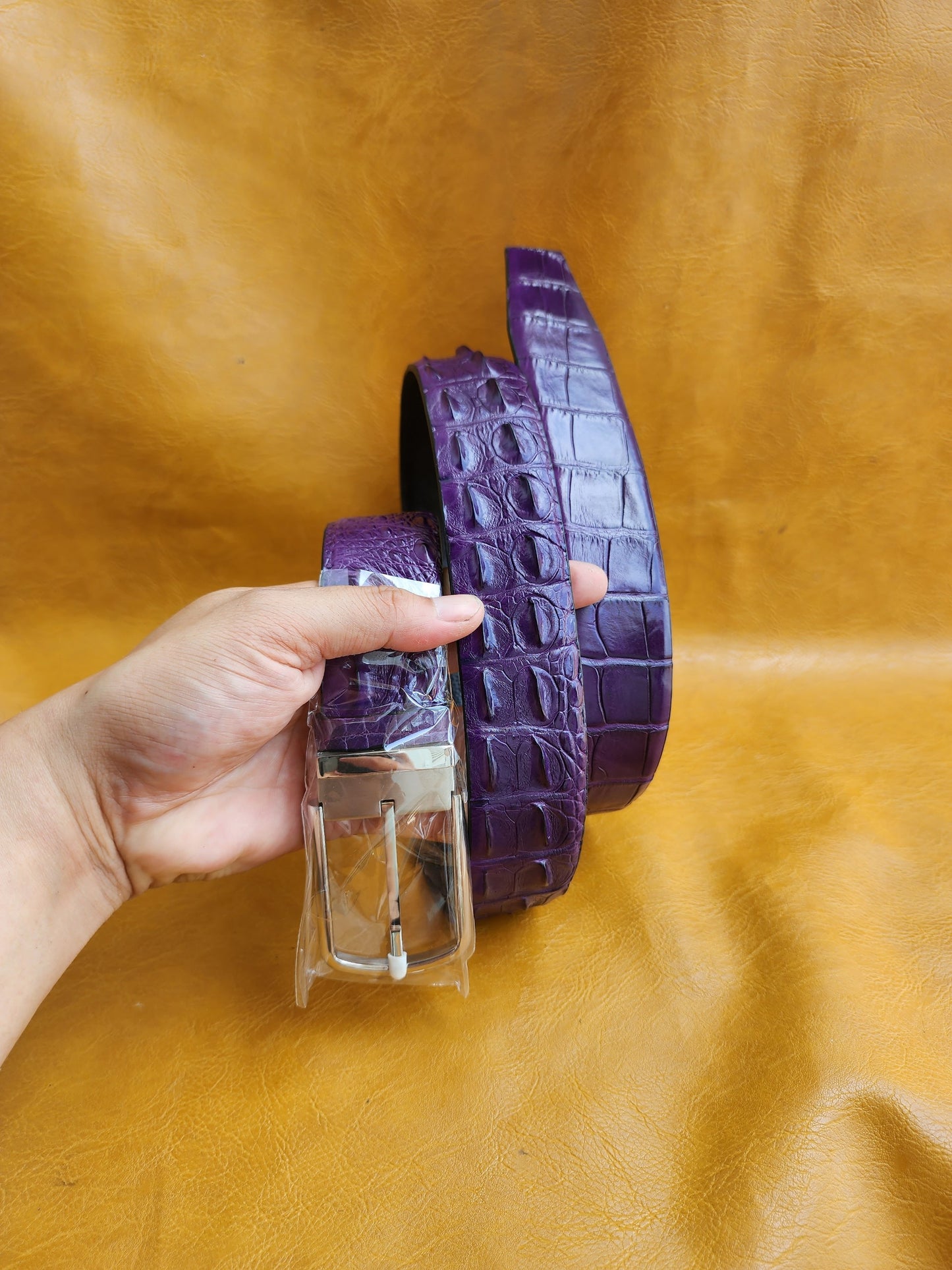 Purple Handmade Geunine Hornback Croco Leather Skin Men Belt Buckle