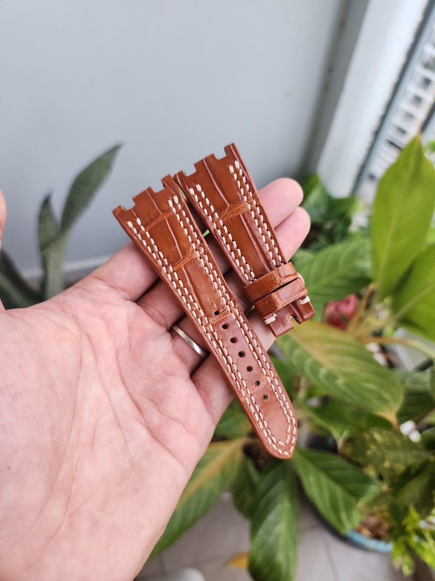 28/18MM Tan Brown Genuine Crocodile Leather Skin Watch strap band AP 42mm Royal Oak Offshore