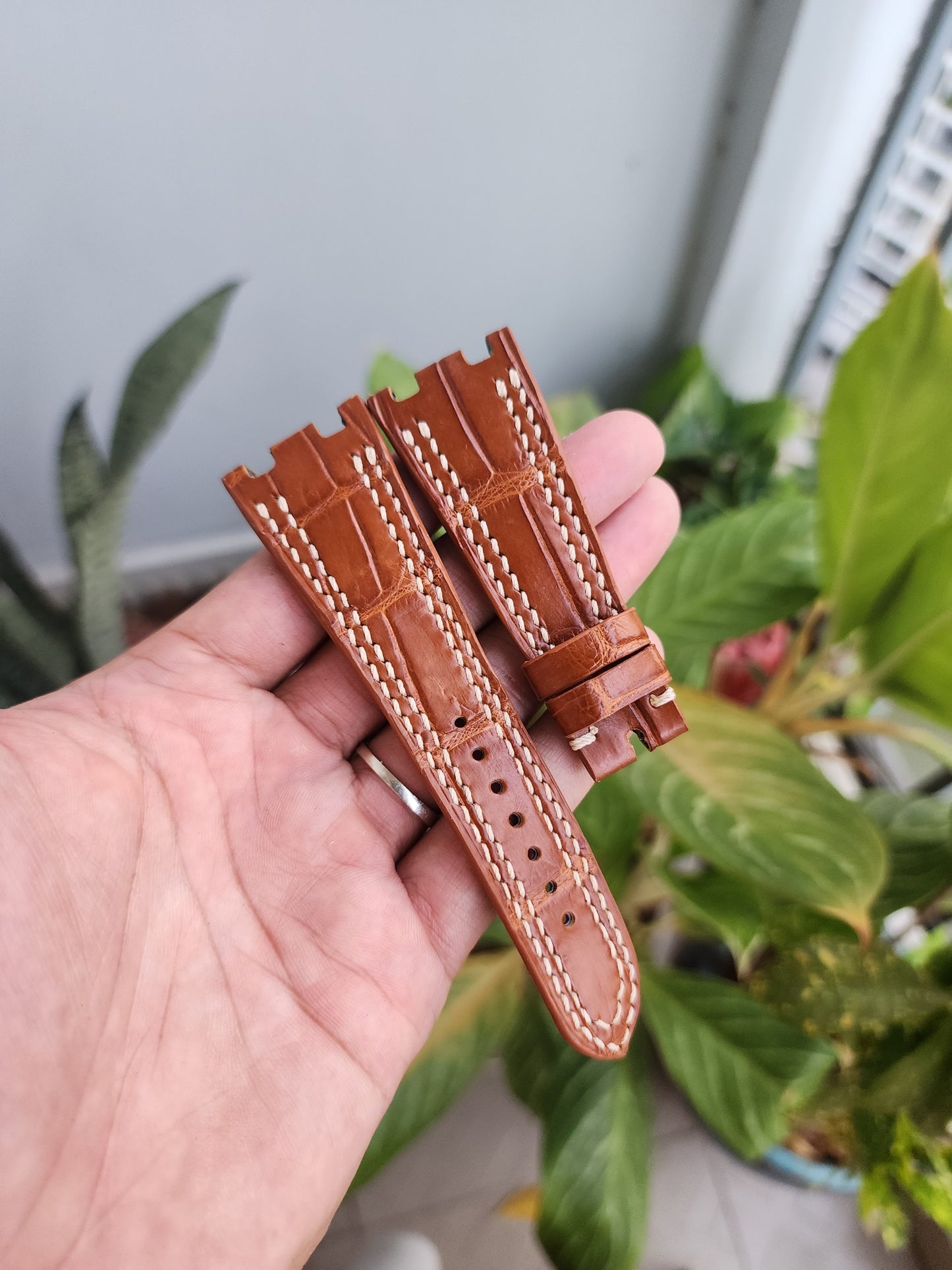 28/18MM Tan Brown Genuine Crocodile Leather Skin Watch strap band AP 42mm Royal Oak Offshore