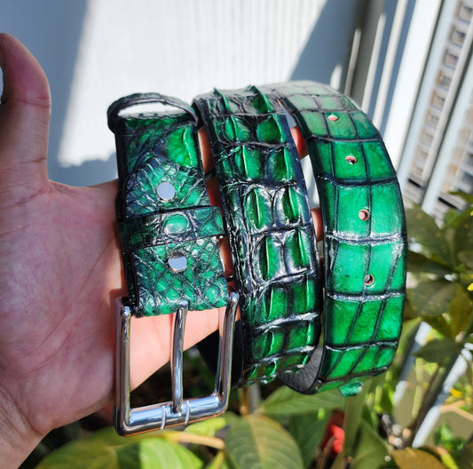 Patina Green Handmade Genuine Hornback Crocodile Leather Men Belt Buckle