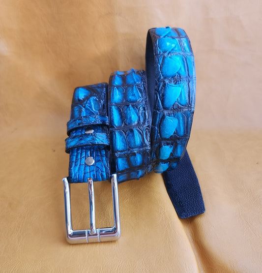 Patina Blue Handmade 100% Doubleside Genuine Crocodile Leather Skin Men Belt Buckle