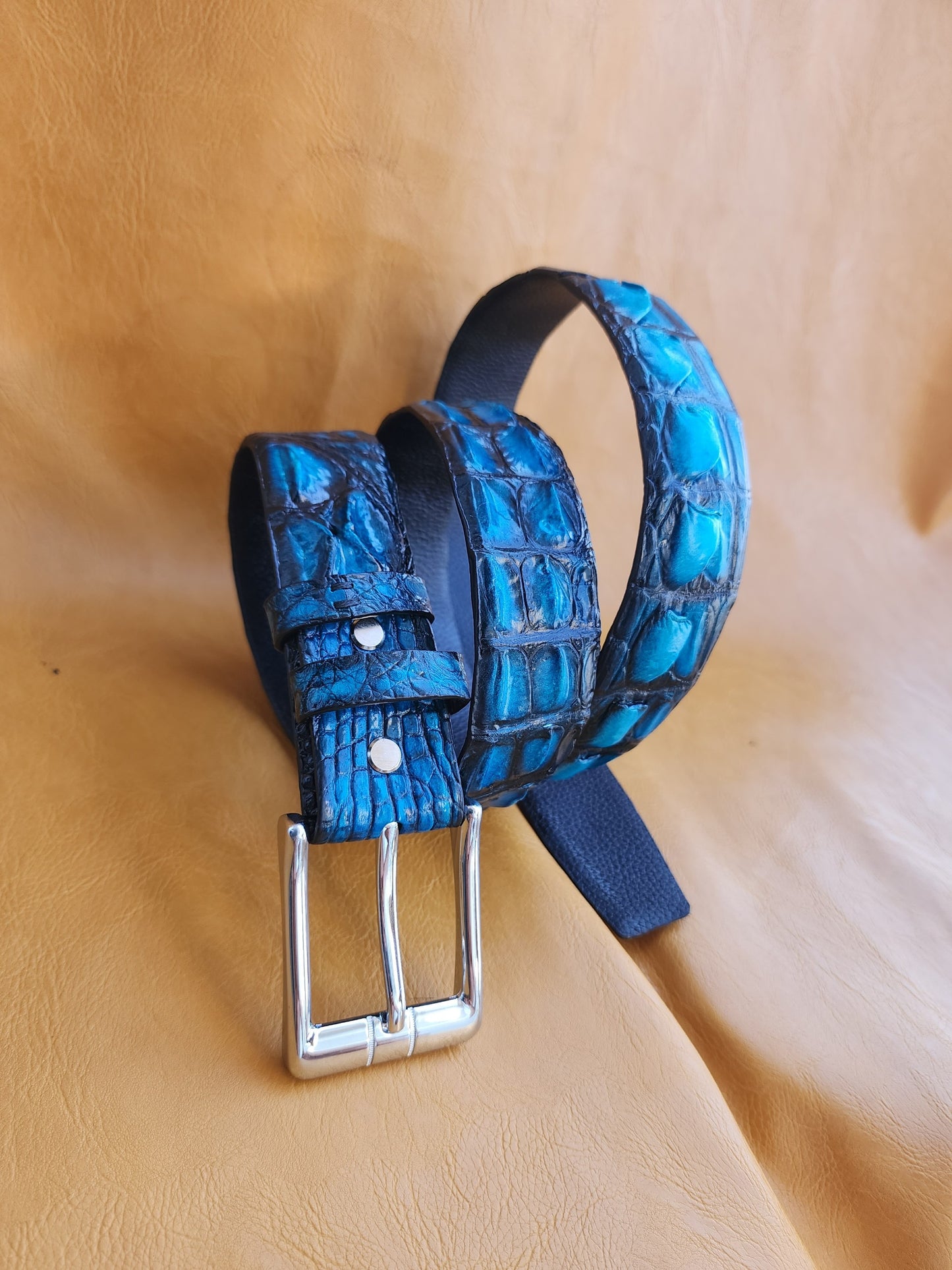 Patina Blue Handmade 100% Doubleside Genuine Crocodile Leather Skin Men Belt Buckle